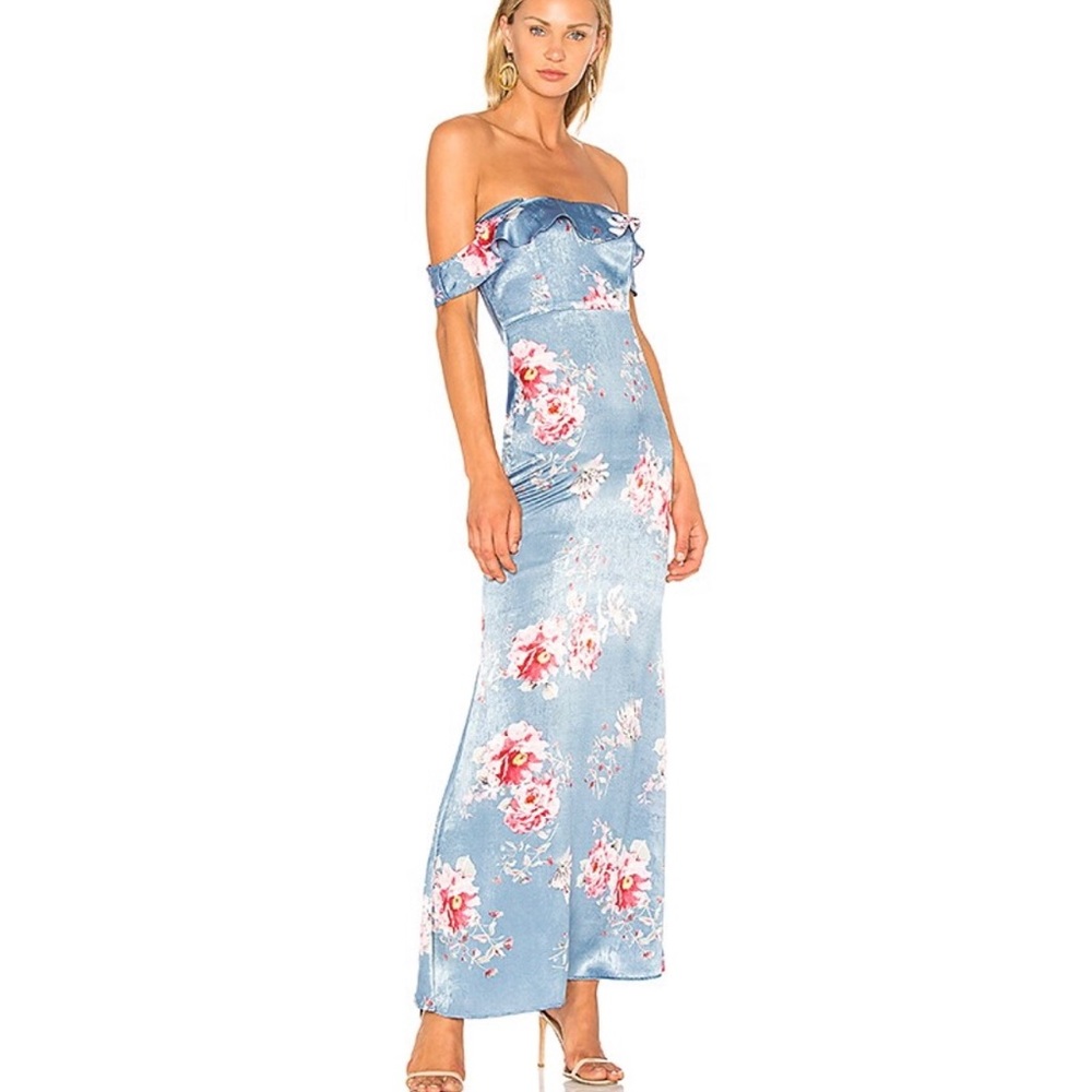 Two Arrows off the shoulder Satin Chandler Maxi Dress